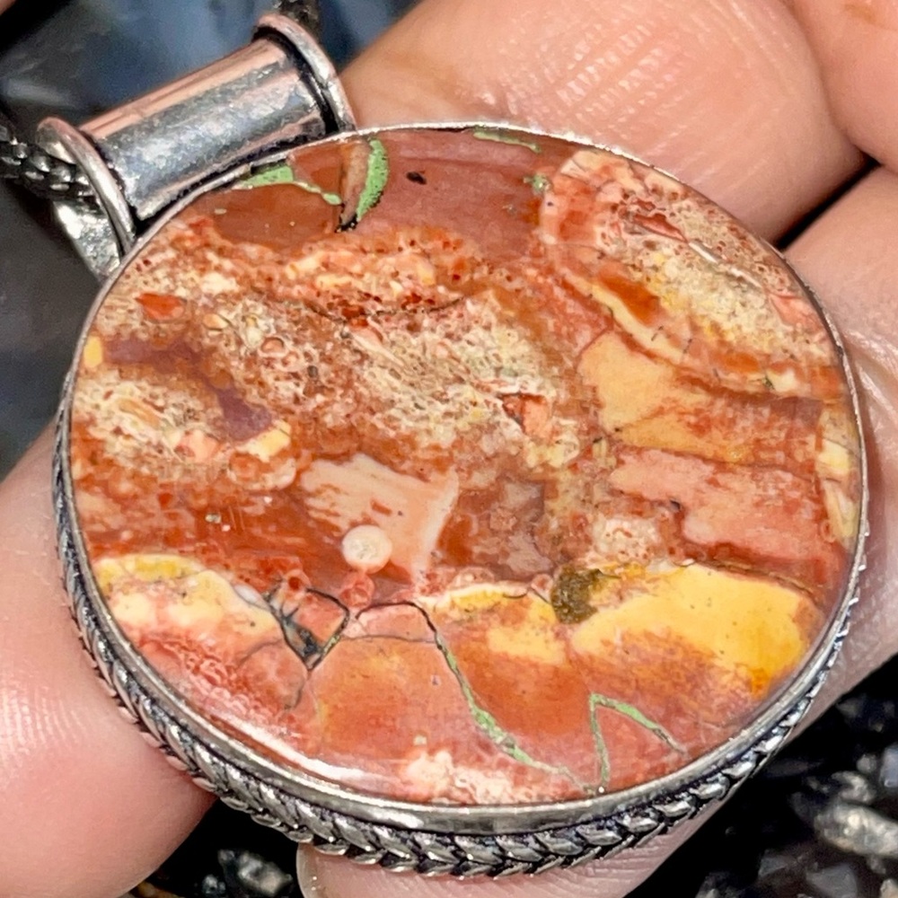 Round Birds Eye Ryolite Jasper Pendant 1 1/2”x1 1/2”